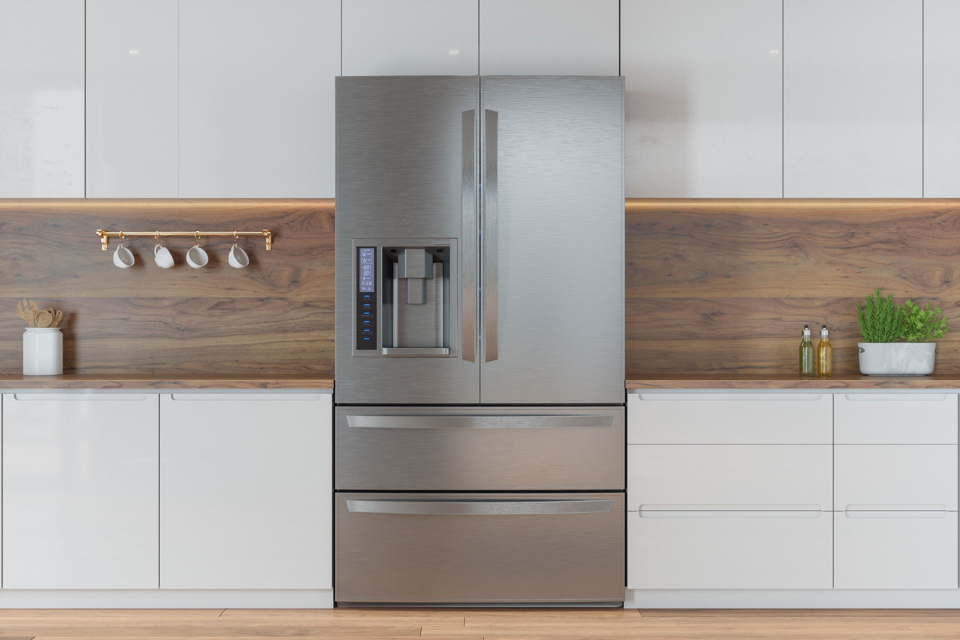 Modern Kitchen With Front View Of Refrigerator And White Cabinets