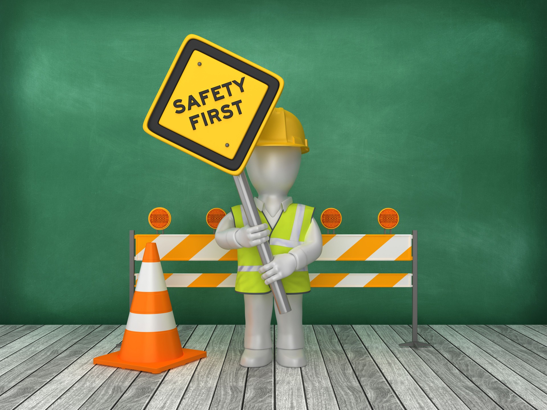 SAFETY FIRST Road Sign Construction Site on Chalkboard Background - 3D Rendering